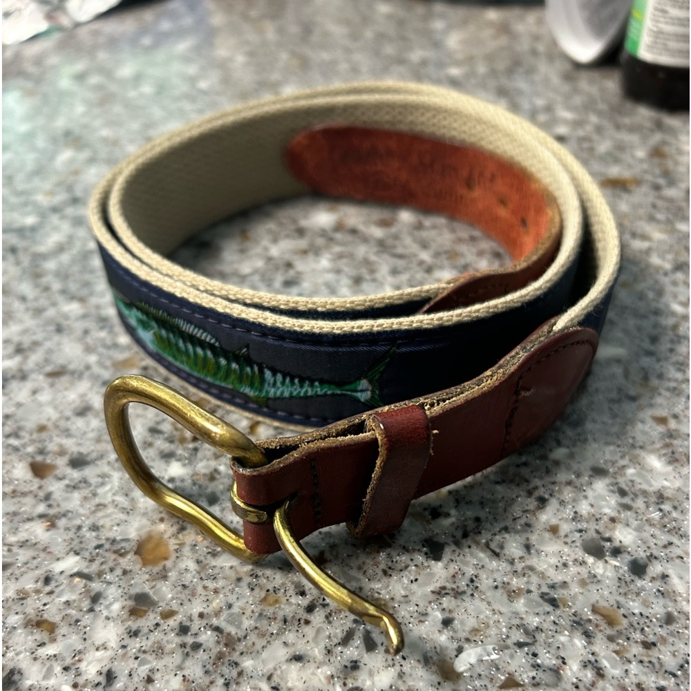 Leather Man Ltd. Leather and Canvas Belt with Fish Size 38